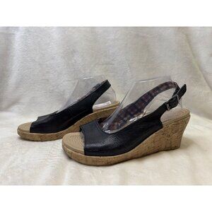 CROCS A-Leigh Black Leather Slingback Strap Cork Wedge Sandals Size 10